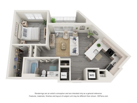 Floor plan for 1 bed, 1 bath, 742 sqft